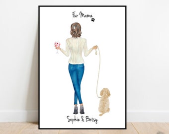 Personalised Lady and her dog print, family pet portrait, personalised print, birthday gift, mothers day, anniversary, Mum and dog, Fur mama