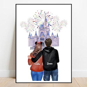 Custom Castle couple print, Couple illustration, Couples portrait, fairytale memories, Birthday print, Christmas gift