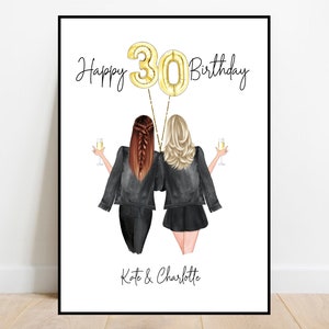 Puede incluir: Impresi&oacute;n enmarcada con el texto "Happy 30 Birthday" y los nombres "Kate & Charlotte". La ilustraci&oacute;n representa a dos mujeres con copas de champ&aacute;n, celebrando un cumplea&ntilde;os con globos dorados.