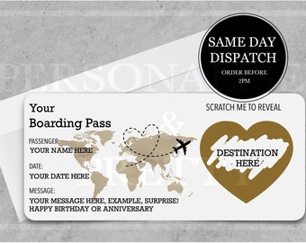 Carte d'embarquement personnalisée à gratter, Carte d'embarquement à gratter pour des vacances surprise, Billet surprise pour une destination de vacances, Cadeau pour les fêtes, Faux laissez-passer