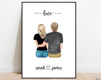 May include: Framed art print featuring a couple embracing, viewed from the back. The artwork includes the word "love" above and the names "sarah" and "james" below. The couple is depicted in casual attire.
