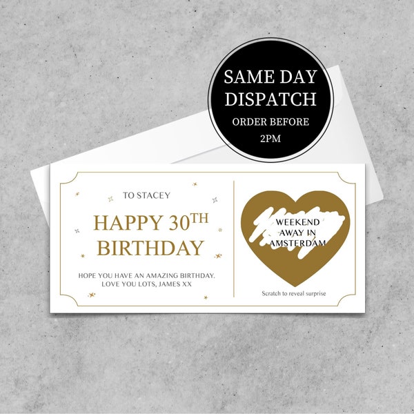Personalised Birthday Scratch To Reveal Voucher, Special Birthday Surprise Scratch Card, 18th, 21st, 30th, 40th, 50th, 60th, 70th Birthday