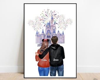 Impresión de pareja personalizada del castillo, Ilustración de pareja, Retrato de pareja, Recuerdos de cuento de hadas, Impresión de cumpleaños, Regalo de Navidad