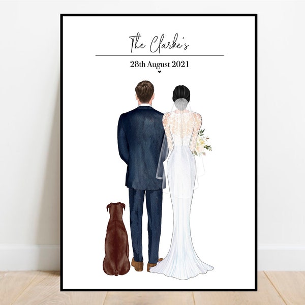 Personalised Wedding print, Bride and groom, Mr and Mrs, Wedding gift, Personalised print. Newly weds, Wedding poster with pets