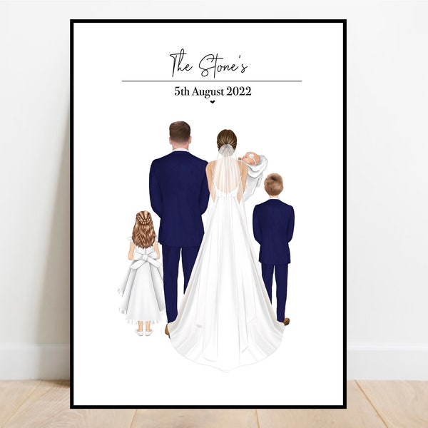 Personalised Family Wedding print, Bride and groom, Mr and Mrs, Wedding gift, Personalised print. Wedding poster with children and pets
