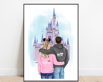 May include: A couple wearing matching pink and gray sweatshirts with "MRS" and "MR" printed on the back, standing in front of Cinderella's Castle at Walt Disney World.