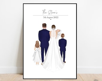 Personalisierter Familienhochzeitsdruck, Braut und Bräutigam, Herr und Frau, Hochzeitsgeschenk, personalisierter Druck. Hochzeitsposter mit Kindern und Haustieren