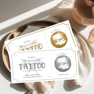 Carte tatouage à gratter pour révéler, carte-cadeau tatouage à gratter, argent pour un tatouage, billet spécial anniversaire, anniversaire, Saint-Valentin, cadeau tatouage
