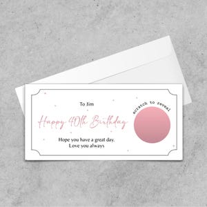 Carte d'anniversaire à gratter personnalisée, ticket à gratter pour révéler, cadeau d'anniversaire à révéler, bon pour toute occasion, 21, 30, 40, 50 ans, anniversaire spécial