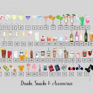 Puede incluir: Ilustraci&oacute;n con una variedad de bebidas, aperitivos y accesorios. La imagen incluye c&oacute;cteles, copas de vino, cerveza, caf&eacute;, helado y otros art&iacute;culos, cada uno etiquetado con un n&uacute;mero. El texto "Drinks, Snacks & Accessories" est&aacute; en la parte inferior.
