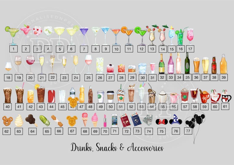 Puede incluir: Ilustraci&oacute;n con una variedad de bebidas, aperitivos y accesorios. La imagen incluye c&oacute;cteles, copas de vino, cerveza, caf&eacute;, helado y otros art&iacute;culos, cada uno etiquetado con un n&uacute;mero. El texto "Drinks, Snacks & Accessories" est&aacute; en la parte inferior.