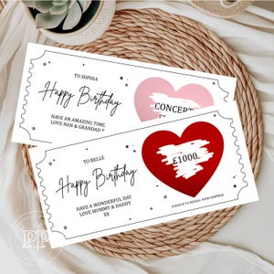 May include: Two white birthday cards with black text and star accents. One card has a pink heart with the word "CONCEPT" and the other has a red heart with "£1000". The cards say "Happy Birthday" and have a scratch-off area.