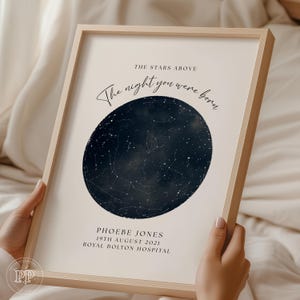 Könnte beinhalten: Ein gerahmter Druck mit einer Sternenkarte in einem dunkelblauen Kreis. Der Text "The night you were born" steht über der Sternenkarte. Darunter stehen Name, Datum und Krankenhaus.