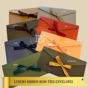 May include: A collection of luxury ribbon bow-tied envelopes in various colors, including brown, coffee, silver, red, pink/rose, blue, green, and black & gold. Each envelope is adorned with a matching ribbon. The text "LUXURY RIBBON BOW-TIED ENVELOPES" is displayed.