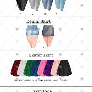 Puede incluir: Ilustraci&oacute;n de varias prendas de vestir, incluyendo vaqueros en negro, gris y azul, y faldas vaqueras. Faldas skater en rojo, gris, verde, azul, rosa, morado, nude y negro. Opciones de tono de piel: p&aacute;lido, bronceado y marr&oacute;n.