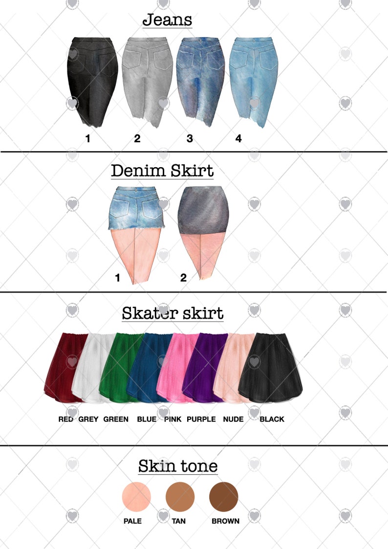 Puede incluir: Ilustraci&oacute;n de varias prendas de vestir, incluyendo vaqueros en negro, gris y azul, y faldas vaqueras. Faldas skater en rojo, gris, verde, azul, rosa, morado, nude y negro. Opciones de tono de piel: p&aacute;lido, bronceado y marr&oacute;n.