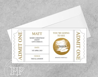 Personalisierte Rubbelkarte, Konzertkarte, Theaterkarte, Luxuriöse Geburtstags-Rubbelkarte, Scratch to Reveal Gig Ticket, Weihnachtsgeschenk