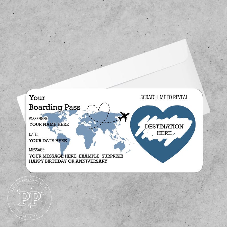 May include: A white boarding pass with a blue world map, airplane, and heart design. Text includes "Your Boarding Pass", "Destination Here", and prompts for passenger name, date, and message. A white envelope is behind the pass.