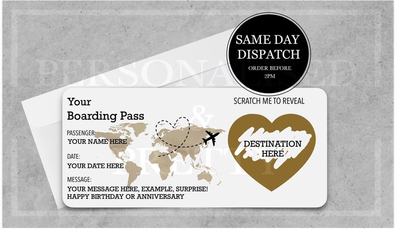 Personalised Scratch Reveal Boarding Pass, Scratch Reveal For Surprise Holiday, Surprise Holiday Destination Ticket, Holiday Gift, Fake Pass afbeelding 1