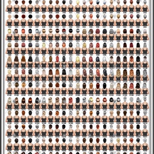 May include: A chart titled "Hair Choices" displays numerous illustrations of women with various hairstyles and hair colors, each labeled with a number. The image is designed to showcase a wide range of hair options.