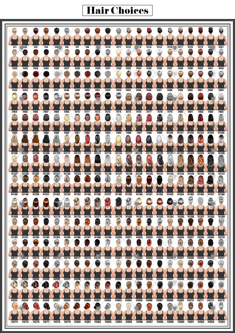 May include: A chart titled "Hair Choices" displays numerous illustrations of women with various hairstyles and hair colors, each labeled with a number. The image is designed to showcase a wide range of hair options.