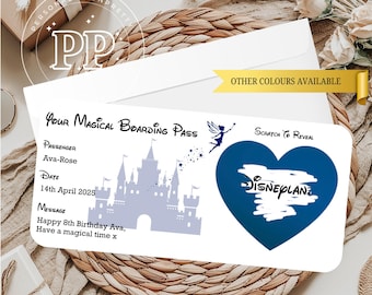 May include: A personalized boarding pass with the text "Your Magical Boarding Pass" and "Disneyland" in a blue heart. The pass includes the passenger's name, date, and a birthday message. The words "Other Colours Available" are also visible.