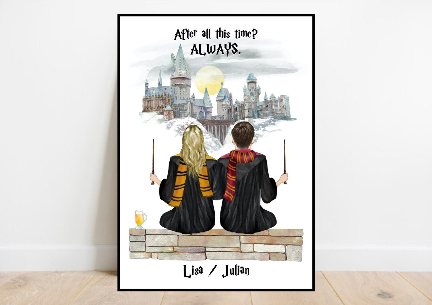 Wizard couples print, Custom wizard portrait, Hogwarts gift, Wizard g…