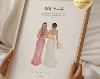 Gift For Best Friend On Her Wedding Day, Best Friend Wedding Gift, Personalised Bride and Bridesmaid print, Personalised Best Friend Print