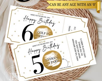 May include: Two white scratch-off cards with gold accents. The top card says "Dad Here's to the big six...oh! Happy Birthday 6" with a gold circle that says "Golf in Orth". The bottom card says "Mum Here's to the big five...oh! Happy Birthday 5" with a gold circle that says "Weekend in Paris".