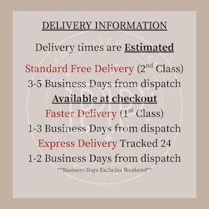 May include: A beige graphic with the text "DELIVERY INFORMATION" at the top. The text details estimated delivery times, including standard free delivery, faster delivery, and express delivery options.