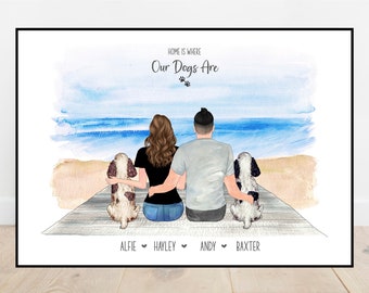 May include: A watercolor illustration of a couple and their two dogs sitting on a wooden dock overlooking the ocean. The text "Home is where our dogs are" is written above the couple. The names of the couple and their dogs are written below the couple: Alfie, Hayley, Andy, Baxter.