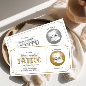 Ticket de tatouage personnalisé, carte à gratter pour un tatouage, argent pour un tatouage, anniversaire, anniversaire de mariage, carte-cadeau tatouage pour la Saint-Valentin