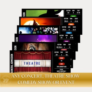 Könnte beinhalten: Eine Ansammlung schwarzer Veranstaltungstickets mit verschiedenen farbigen Hintergründen, darunter ein Pferdeauge und eine Bühne mit roten Vorhängen. Die Tickets sind für eine Theatershow, mit dem Wort "THEATRE".