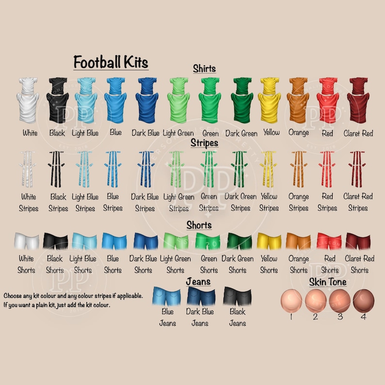 Puede incluir: Imagen que muestra varias opciones de equipaciones de f&uacute;tbol, incluyendo camisetas, rayas, pantalones cortos y vaqueros en m&uacute;ltiples colores. Tambi&eacute;n se muestran opciones de tonos de piel. El texto dice "Equipaciones de f&uacute;tbol" y "Elige cualquier color de equipaci&oacute;n y rayas".