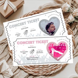 May include: Two concert tickets with a decorative border. One ticket features a photo of a man and the text "CAL SCOTT". The other ticket has a pink heart with the text "Ed Sheeran". Both tickets have the text "CONCERT TICKET".