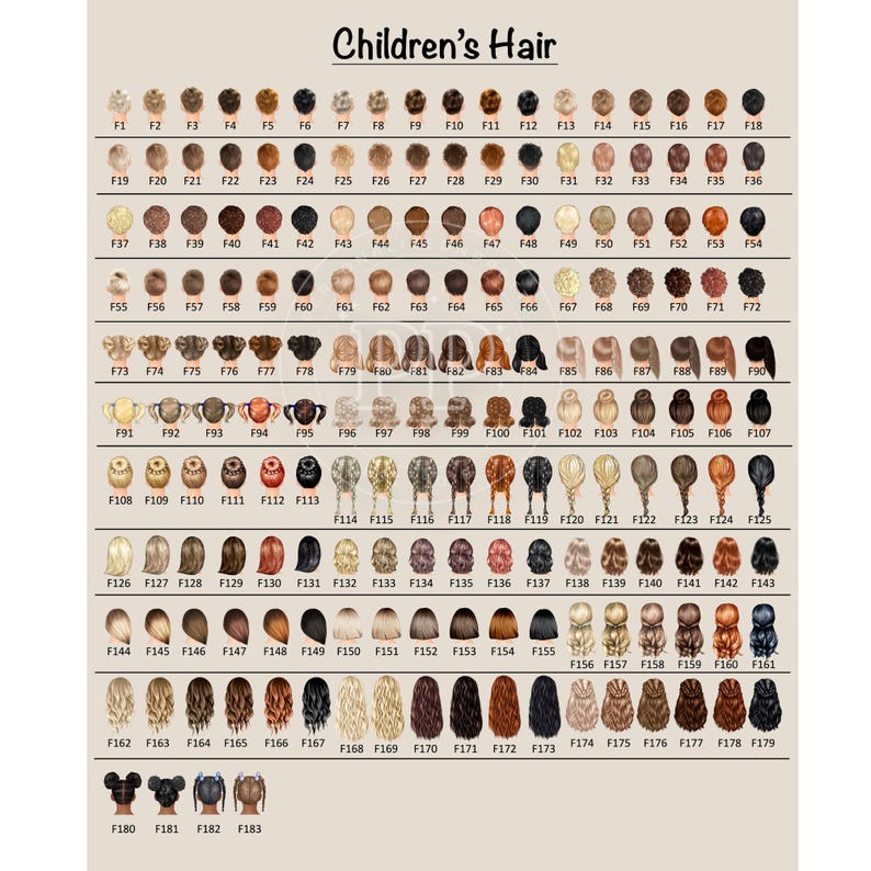 May include: A chart titled "Children's Hair" displays various hair styles and colors, labeled with codes from F1 to F183. The image showcases a diverse range of options, including braids, ponytails, and different hair lengths and textures.