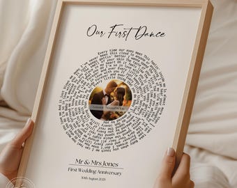 Puede incluir: Un marco con el título "Our First Dance". La impresión presenta una disposición circular de letras de canciones alrededor de una foto de una pareja. La parte inferior de la impresión dice "Mr & Mrs Jones, First Wedding Anniversary, 30th August 2025."