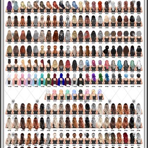 May include: A chart titled "Hair Choices" displays numerous illustrations of hairstyles. Each illustration features a woman's back and shoulders, showcasing various hair colors, lengths, and styles, from long waves to short bobs.