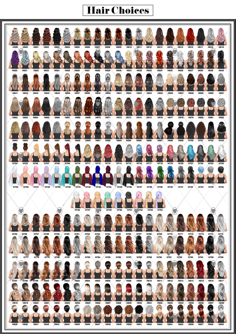May include: A chart titled "Hair Choices" displays numerous illustrations of hairstyles. Each illustration features a woman's back and shoulders, showcasing various hair colors, lengths, and styles, from long waves to short bobs.