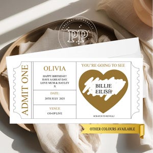 Carte à gratter, Billet de concert, Billet de théâtre, Billet de pantomime, Carte à gratter joyeux anniversaire, Carte à gratter pour révéler, Billet de concert surprise, Spectacle