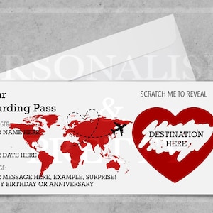 Carte d'embarquement personnalisée à gratter, Carte d'embarquement à gratter pour des vacances surprise, Billet surprise pour une destination de vacances, Cadeau pour les fêtes, Faux laissez-passer RED