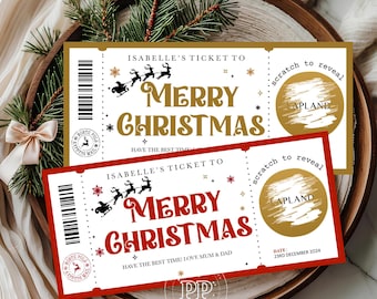 May include: Two rectangular Christmas tickets with white backgrounds. One features gold text and accents, the other red. Both display a black silhouette of Santa in a sleigh, a barcode, a North Pole stamp, and a gold scratch-off circle labeled Lapland.