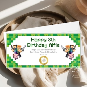 Bon d'anniversaire de jeu surprise personnalisé, carte à gratter pour révéler, ticket de jeu à gratter pour enfants, Minecoins, cadeau de Noël, cadeau en argent