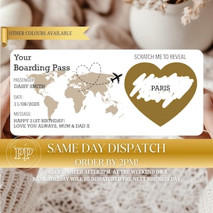Carte d'embarquement personnalisée à gratter, Carte d'embarquement à gratter pour des vacances surprise, Billet pour une destination de vacances surprise, Billet pour les vacances