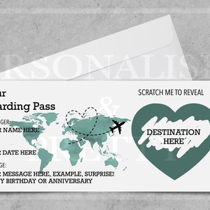 Carte d'embarquement personnalisée à gratter, Carte d'embarquement à gratter pour des vacances surprise, Billet surprise pour une destination de vacances, Cadeau pour les fêtes, Faux laissez-passer GREEN