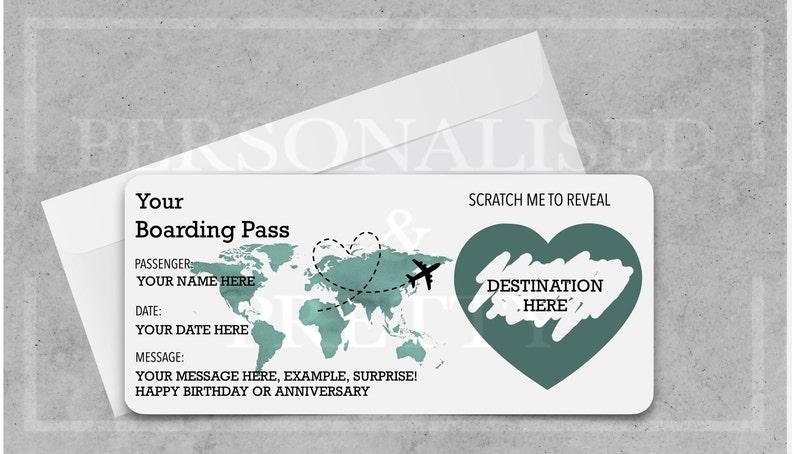 Personalised Scratch Reveal Boarding Pass, Scratch Reveal For Surprise Holiday, Surprise Holiday Destination Ticket, Holiday Gift, Fake Pass GREEN