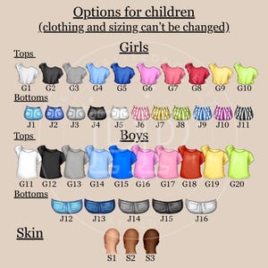 May include: An illustration of clothing options for children, including tops and bottoms for girls and boys. The image displays various shirt colors and styles, along with different bottom styles and skin tone options.