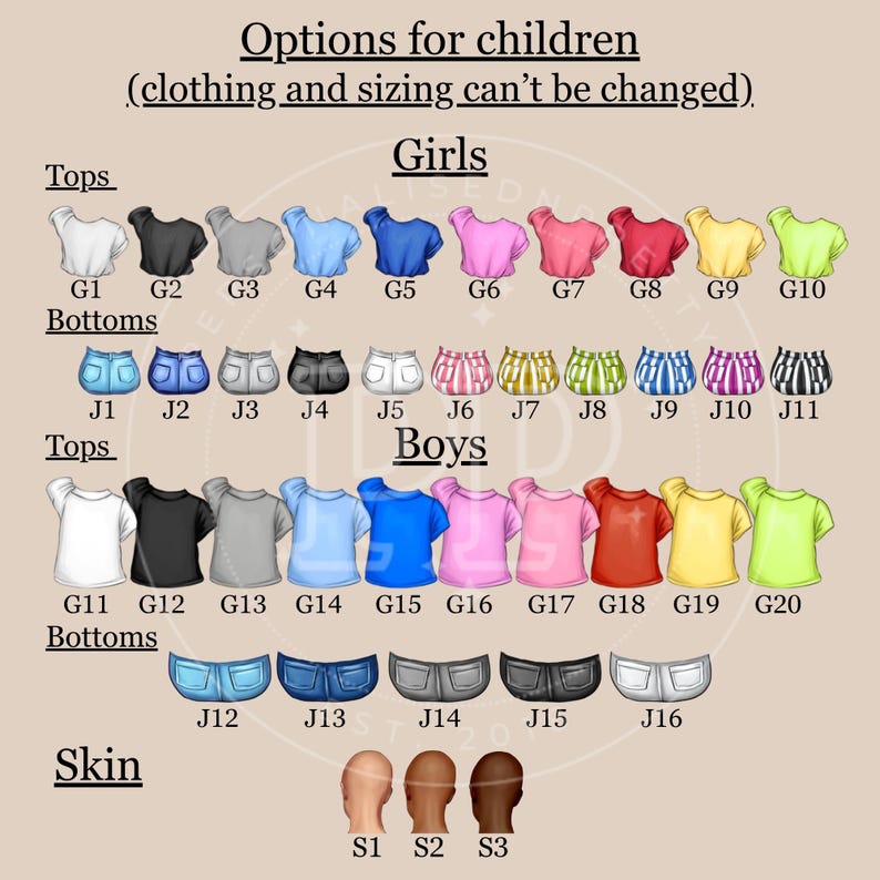 May include: An illustration of clothing options for children, including tops and bottoms for girls and boys. The image displays various shirt colors and styles, along with different bottom styles and skin tone options.