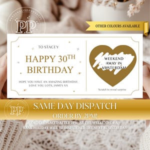 Bon d'anniversaire personnalisé à gratter pour révéler, carte à gratter surprise spéciale anniversaire, 18e, 21e, 30, 40e, 50e, 60e, 70e anniversaire