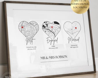 Personalised Anniversary Gift, Where Met Engaged Married Gift, Personalised Gift, Map Gifts for Wife, Husband, First Anniversary Gift